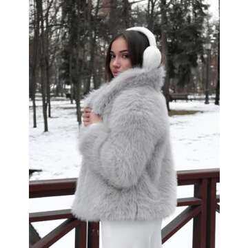 Flygo Women's Faux Fur Coat Fluffy Faux Fur Jacket Long Sleeve Lapel Furry Winter Jackets Shaggy Parka Short Coat(LightGrey-XL)