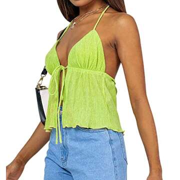 Halter top Front tie Going Out Outfits for Women Sexy Crop top for Women neon Green L
