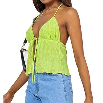 Halter top Front tie Going Out Outfits for Women Sexy Crop top for Women neon Green L