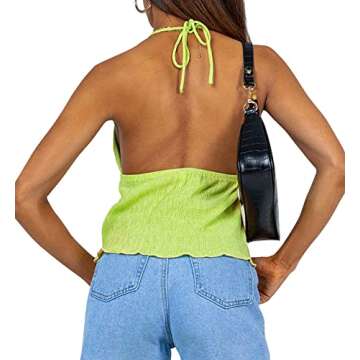 Halter top Front tie Going Out Outfits for Women Sexy Crop top for Women neon Green L