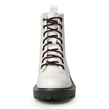 ICHIGO Women’s Fashion Ankle Booties Causal 8-Eye Side Zipper Lace-up Combat Boots(White 7.5)