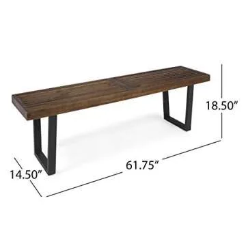 Great Deal Furniture GDFStudio Patio Dining Bench, Acacia Wood with Iron Legs, Modern, Contemporary, Dark Brown and Black