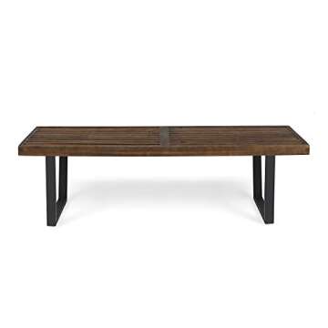 Great Deal Furniture GDFStudio Patio Dining Bench, Acacia Wood with Iron Legs, Modern, Contemporary, Dark Brown and Black