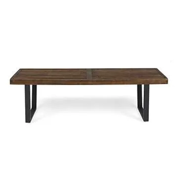 Great Deal Furniture GDFStudio Patio Dining Bench, Acacia Wood with Iron Legs, Modern, Contemporary, Dark Brown and Black