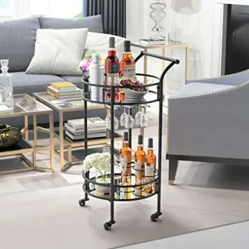 Round Black Rolling Bar Cart with 2 Mirror Shelves, Wine Rack and Lockable Casters, Suitable for Home Kitchen, Club, Living Room, Thanksgiving, Christmas, New Year, 15"X15"X30.7"