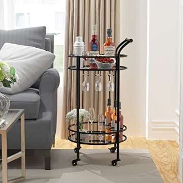 Round Black Rolling Bar Cart with 2 Mirror Shelves, Wine Rack and Lockable Casters, Suitable for Home Kitchen, Club, Living Room, Thanksgiving, Christmas, New Year, 15"X15"X30.7"