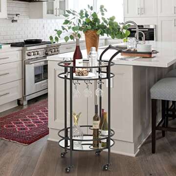 Round Black Rolling Bar Cart with 2 Mirror Shelves, Wine Rack and Lockable Casters, Suitable for Home Kitchen, Club, Living Room, Thanksgiving, Christmas, New Year, 15"X15"X30.7"
