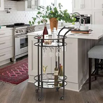 Round Black Rolling Bar Cart with 2 Mirror Shelves, Wine Rack and Lockable Casters, Suitable for Home Kitchen, Club, Living Room, Thanksgiving, Christmas, New Year, 15"X15"X30.7"