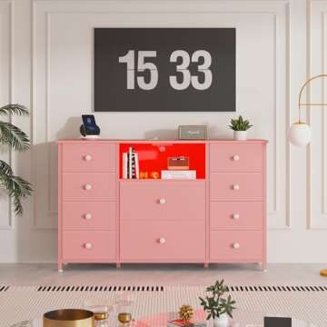 LDTTCUK Dresser with Charging Station and LED Lights, Pink Dresser for Girls Bedroom, Bedroom Long D...