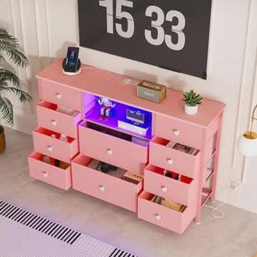 LDTTCUK Dresser with Charging Station and LED Lights, Pink Dresser for Girls Bedroom, Bedroom Long Dresser TV Stand with 10 Drawers, Fabric Wide Dresser Storage Organizer for Hallway, Kids Room