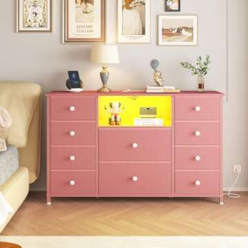 LDTTCUK Dresser with Charging Station and LED Lights, Pink Dresser for Girls Bedroom, Bedroom Long Dresser TV Stand with 10 Drawers, Fabric Wide Dresser Storage Organizer for Hallway, Kids Room
