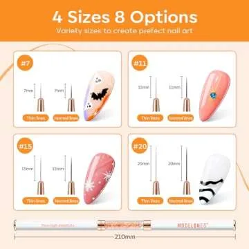 modelones Nail Art Brushes, Super Fine Liner Nail Brush Kit Sizes 7/11/15/20mm for Gel Polish Thin Lines, Precise Details, Fine Drawing Painting Design Acrylic Rhinestone Handle Salon & DIY Use