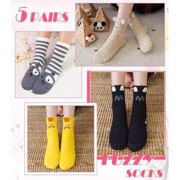 DYW Fuzzy Socks for Women - Soft and Cozy Winter Slipper Socks (5 Pairs Animal B)