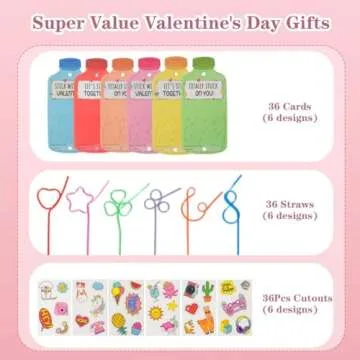HERZOME Valentines Day Cards for Kids, 36 Pack Valentines Cards with Crazy Straws for Boys and Girls School Classroom Party Favors Toys Exchange Gifts