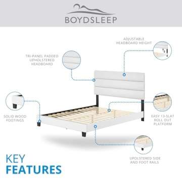 Boyd Sleep Piedmont White Vegan Leather Queen Size Fully Upholstered Platform Bed Frame with Adjustable Headboard - No Box Spring Required, Easy Assembly, Noise Free, Durable & Sturdy Mattress Support