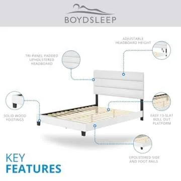 Boyd Sleep Piedmont White Vegan Leather Queen Size Fully Upholstered Platform Bed Frame with Adjustable Headboard - No Box Spring Required, Easy Assembly, Noise Free, Durable & Sturdy Mattress Support
