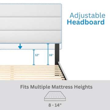 Boyd Sleep Piedmont White Vegan Leather Queen Size Fully Upholstered Platform Bed Frame with Adjustable Headboard - No Box Spring Required, Easy Assembly, Noise Free, Durable & Sturdy Mattress Support