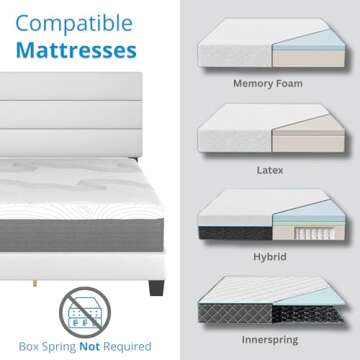 Boyd Sleep Piedmont White Vegan Leather Queen Size Fully Upholstered Platform Bed Frame with Adjustable Headboard - No Box Spring Required, Easy Assembly, Noise Free, Durable & Sturdy Mattress Support