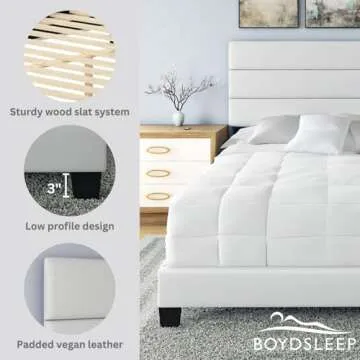 Boyd Sleep Piedmont White Vegan Leather Queen Size Fully Upholstered Platform Bed Frame with Adjustable Headboard - No Box Spring Required, Easy Assembly, Noise Free, Durable & Sturdy Mattress Support