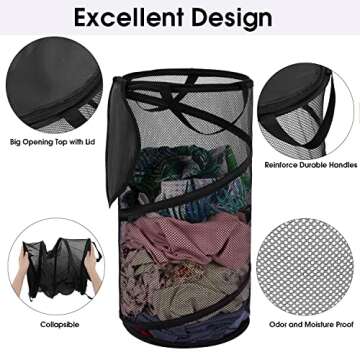 BATTOO Large Collapsible Laundry Basket with Lid Foldable Mesh Pop Up Hamper with Handles for Laundry Room, Bathroom, Kids Room, College Dorm, Travel, Storage Organizer Black
