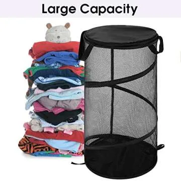 BATTOO Large Collapsible Laundry Basket with Lid Foldable Mesh Pop Up Hamper with Handles for Laundry Room, Bathroom, Kids Room, College Dorm, Travel, Storage Organizer Black