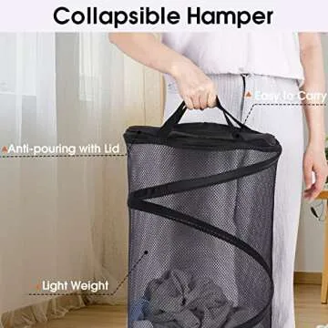 BATTOO Large Collapsible Laundry Basket with Lid Foldable Mesh Pop Up Hamper with Handles for Laundry Room, Bathroom, Kids Room, College Dorm, Travel, Storage Organizer Black