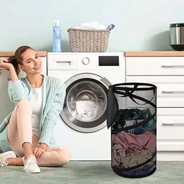 BATTOO Large Collapsible Laundry Basket with Lid Foldable Mesh Pop Up Hamper with Handles for Laundry Room, Bathroom, Kids Room, College Dorm, Travel, Storage Organizer Black