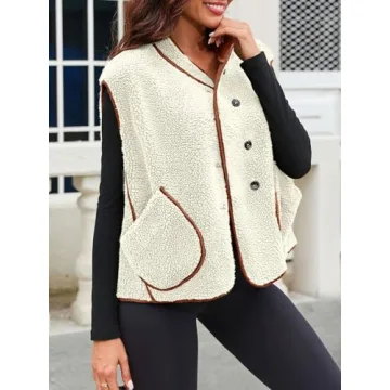 Tankaneo Womens Sherpa Fleece Vest Sleeveless Winter Button Down Fuzzy Jackets Coat with Pockets