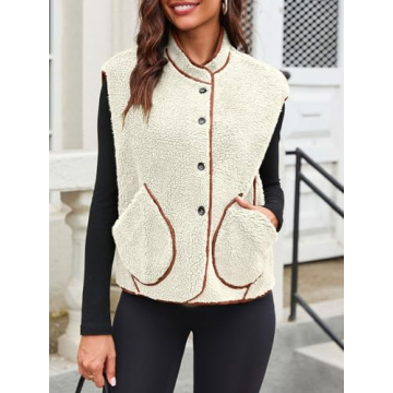 Tankaneo Womens Sherpa Fleece Vest Sleeveless Winter Button Down Fuzzy Jackets Coat with Pockets