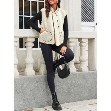 Tankaneo Womens Sherpa Fleece Vest Sleeveless Winter Button Down Fuzzy Jackets Coat with Pockets