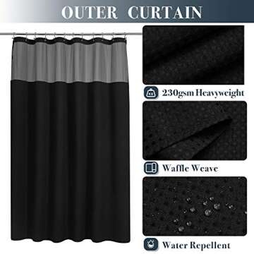 N&Y HOME Waffle Weave Shower Curtain with Snap-in Fabric Liner & 12 Black Hooks Set - Hotel Style, W...