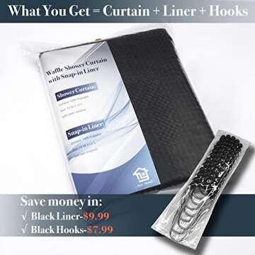 N&Y HOME Waffle Weave Shower Curtain with Snap-in Fabric Liner & 12 Black Hooks Set - Hotel Style, Water-Repellent & Washable, Mesh Top Window - 71x72, Black