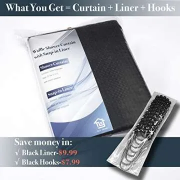 N&Y HOME Waffle Weave Shower Curtain with Snap-in Fabric Liner & 12 Black Hooks Set - Hotel Style, Water-Repellent & Washable, Mesh Top Window - 71x72, Black