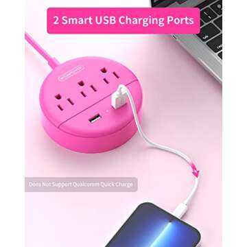Pink Power Strip with USB Ports, NTONPOWER Travel Power Strip Flat Plug, 3 Outlets 2 USB Desktop Charging Station with 5ft Extension Cord, Wall Mount, Compact for Home Office Nightstand Cruise Ship