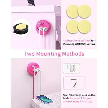 Pink Power Strip with USB Ports, NTONPOWER Travel Power Strip Flat Plug, 3 Outlets 2 USB Desktop Charging Station with 5ft Extension Cord, Wall Mount, Compact for Home Office Nightstand Cruise Ship