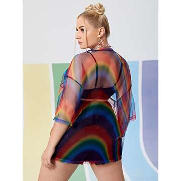 OYOANGLE Women's Plus Size Striped See Through Short Sleeve Round Neck Sheer Mesh Blouse Top Multicolor 3XL