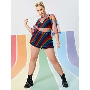 OYOANGLE Plus Size Rainbow Striped Mesh Blouse for Women