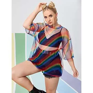 OYOANGLE Plus Size Rainbow Striped Mesh Blouse for Women