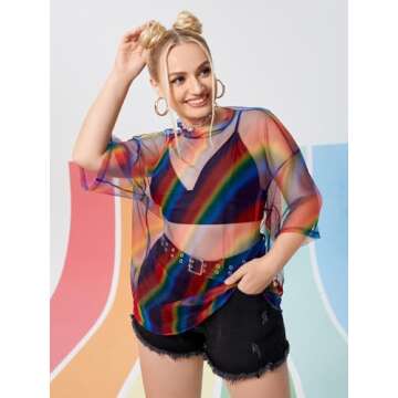 OYOANGLE Women's Plus Size Striped See Through Short Sleeve Round Neck Sheer Mesh Blouse Top Multicolor 3XL