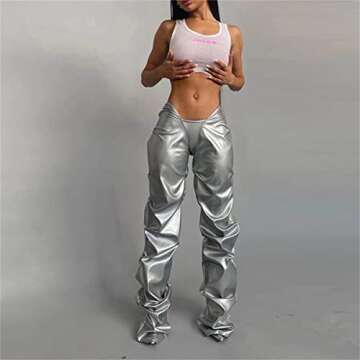 LROSEY Women's Metallic Silver Stacked Leggings Pants Pu Faux Leather Hipsters V Waist Disco Rave Joggers Trousers