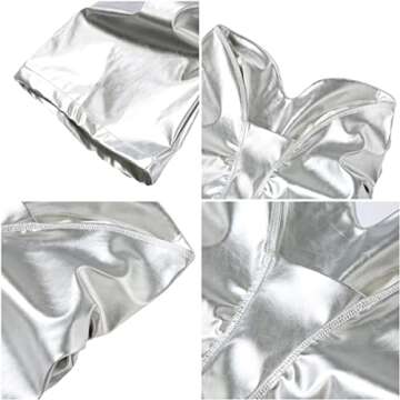 LROSEY Women's Metallic Silver Stacked Leggings Pants Pu Faux Leather Hipsters V Waist Disco Rave Joggers Trousers