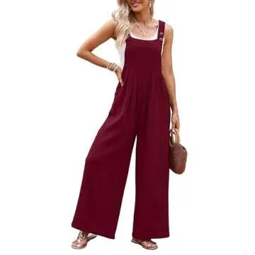 Dokotoo Womens Overalls Red Jumpsuits for Women Casual Loose Fit Solid Color Wide Leg One Piece Slee...