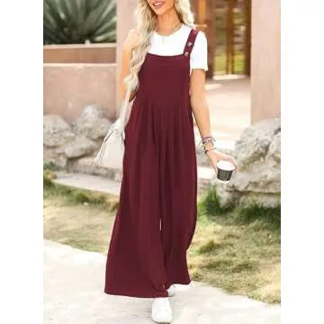 Dokotoo Womens Overalls Red Jumpsuits for Women Casual Loose Fit Solid Color Wide Leg One Piece Sleeveless Jumpsuit Adjustable Straps Long Pant Rompers with Pockets Medium