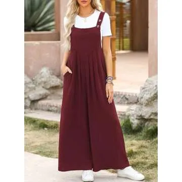 Dokotoo Womens Overalls Red Jumpsuits for Women Casual Loose Fit Solid Color Wide Leg One Piece Sleeveless Jumpsuit Adjustable Straps Long Pant Rompers with Pockets Medium