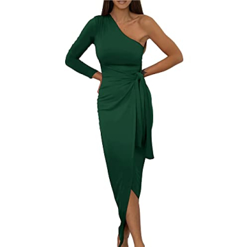 BTFBM Women Elegant Long Sleeve One Shoulder Cocktail Dress Bodycon Ruched Tie Waist Wrap Dress Soli...