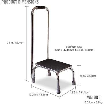 DMI Step Stool with Handle and Non Skid Rubber Platform, Lightweight and Sturdy Stool for Seniors, Adults and Children, Holds up to 300 Pounds with 9.5 Inch Step Up, 17.3"D x 12.3"W x 34"H, Chrome