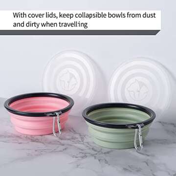 SLSON Collapsible Pet Feeder, 2 Pack Dog Bowls with Cover Lids, Portable Foldable Cat Water Dish Bowl for Pets, Small, Fairy Pink and Sprout Green