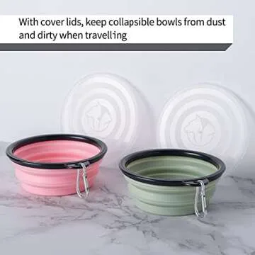 SLSON Collapsible Pet Feeder, 2 Pack Dog Bowls with Cover Lids, Portable Foldable Cat Water Dish Bowl for Pets, Small, Fairy Pink and Sprout Green