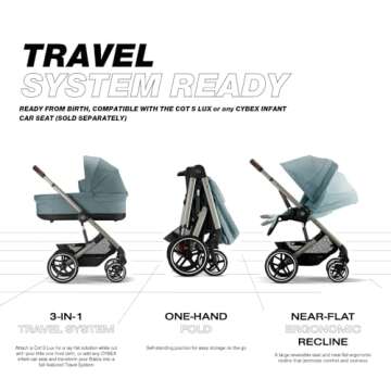 Cybex Balios S Lux Toddler and Baby Stroller with Reversible Seat, Unique One-Pull Harness, and Multiple Recline - Travel System Ready, with One Hand Fold, Taupe Frame/Sky Blue Seat