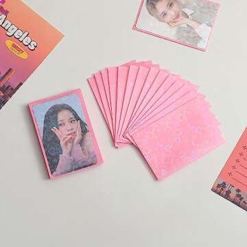 50pcs Laser Flashing Heart Kpop Photocard Sleeves 61x91mm Holographic Clear Card Sleeves Pink Card Protector Transparent Trading Card Sleeve Perfect Fit Sleeves Baseball Cards Photocard Photo